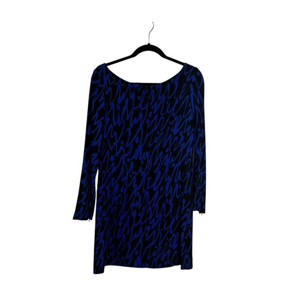 Milly Blue Black Print Long Sleeve Boat Neck Mini Shift Dress Womens 4 - Picture 4 of 7